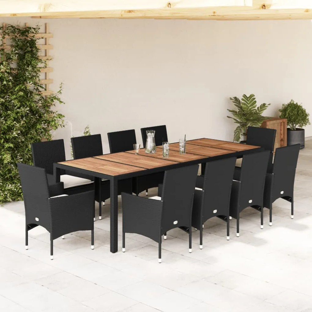 Set pranzo da giardino 11 pz con cuscini polyrattan acacia nero