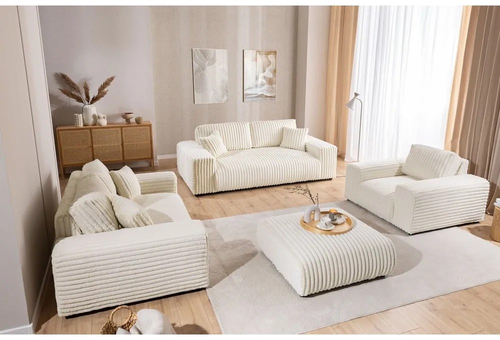 Divano color crema con rivestimento in velluto a coste 213 cm Justin – Ropez