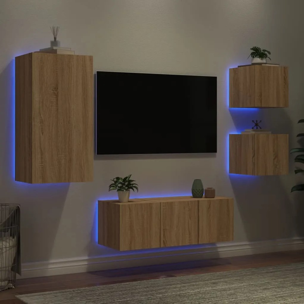 Mobili tv a muro con led 5pz rovere sonoma legno multistrato