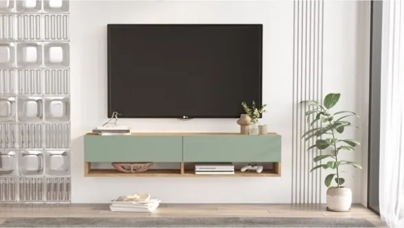 Mobile Tv Sospeso 140x32x30 Effetto Legno 2 Vani Rovere E Verde Frame