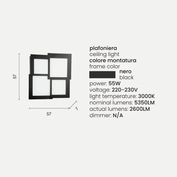 Plafoniera Led in metallo Nero e diffusore in acrilico PASSPARTOU 57x57 cm