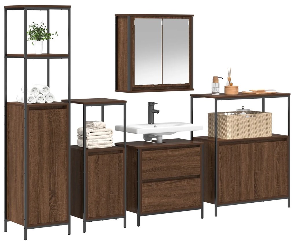 Set di mobili per il bagno in legno ingegnerizzato rovere da 5 pezzi