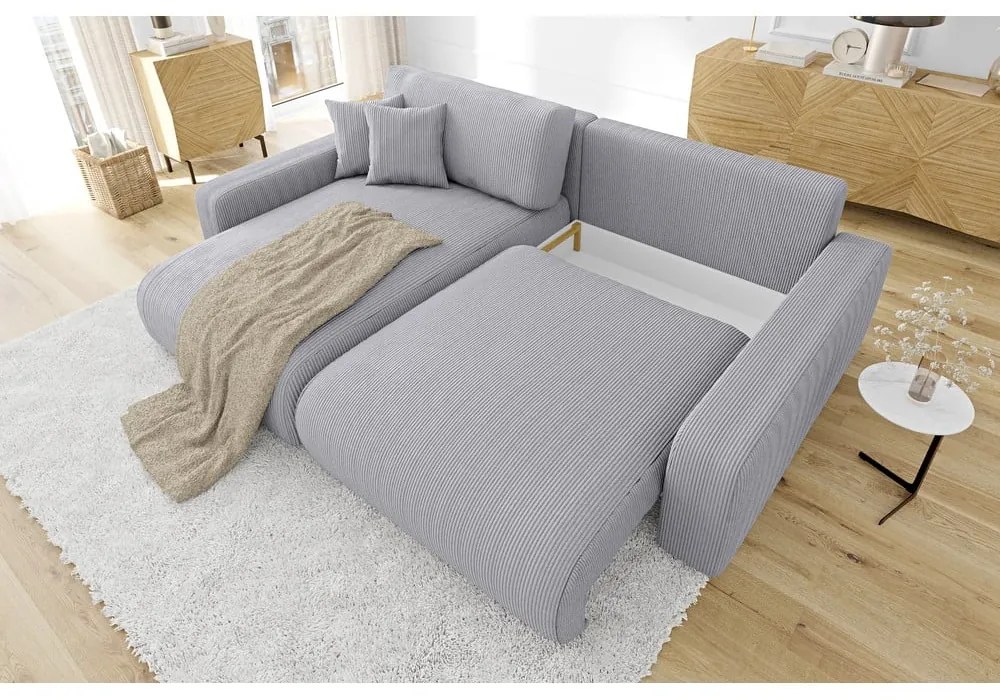 Divano letto in velluto a coste grigio chiaro (penisola variabile) Sara - Ropez
