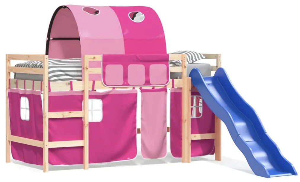 Letto a soppalco con tunnel bambini rosa 90x190cm massello pino