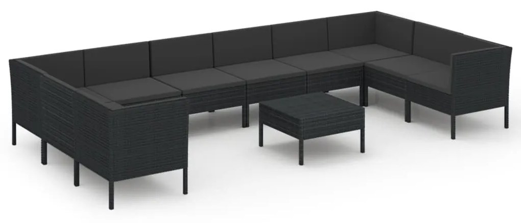 Set divani da giardino 11 pz con cuscini in polyrattan nero