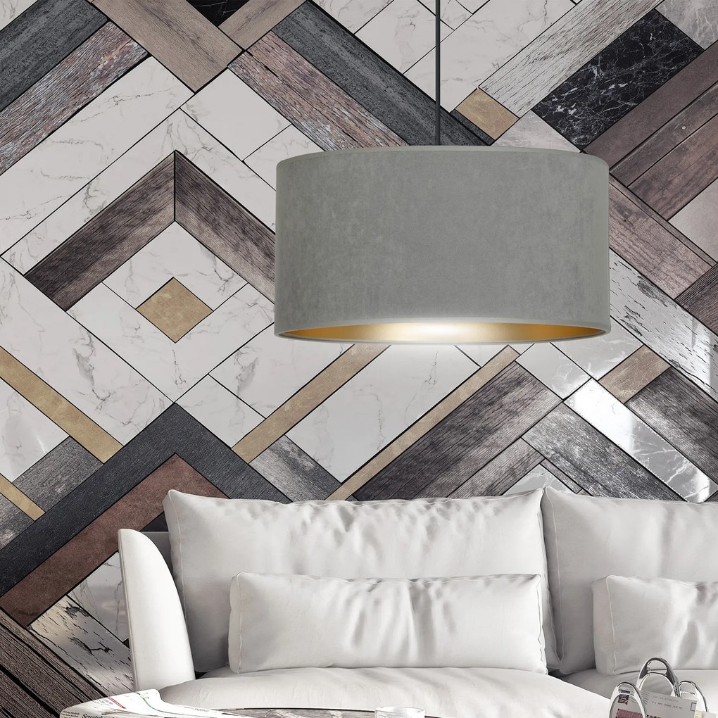 Sospensione 1 Luce Ganesha In Acciaio Nero E Paralume In Tessuto Grigio