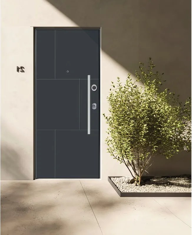 Porta blindata YALE NAOS L 90 x H 210 cm in alluminio grigio chiaro/grigio 7016 opaco, apertura spingere a sinistra, falso telaio incluso