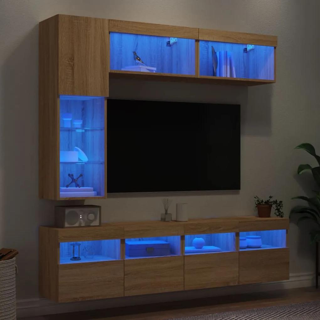 Set Mobili TV a Muro 7 pz con Luci LED Rovere Sonoma