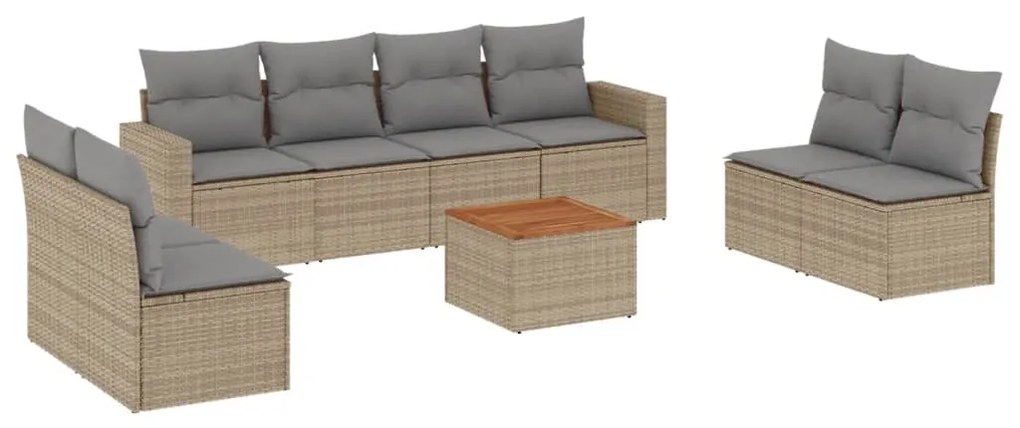 Set divano da giardino 9 pz con cuscini beige misto polyrattan