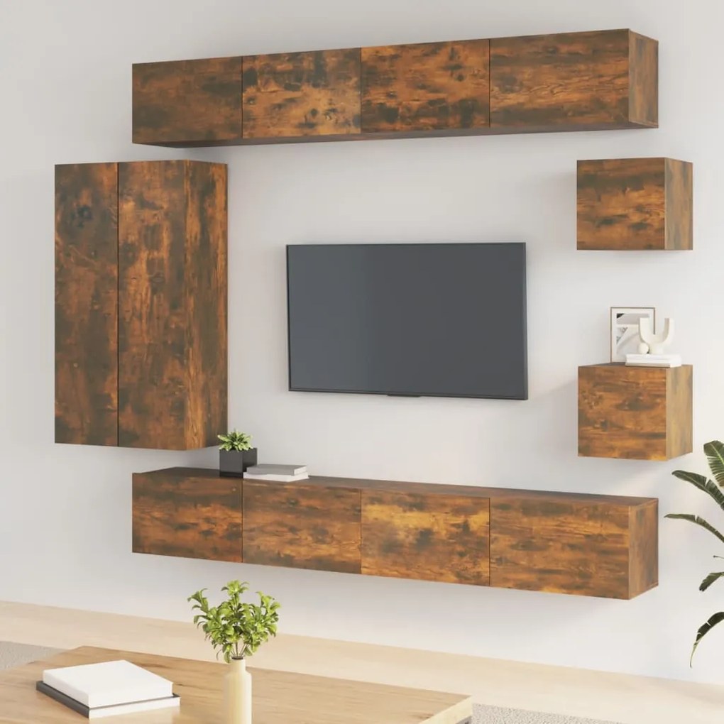 Set mobili porta tv 8 pz rovere fumo in legno multistrato