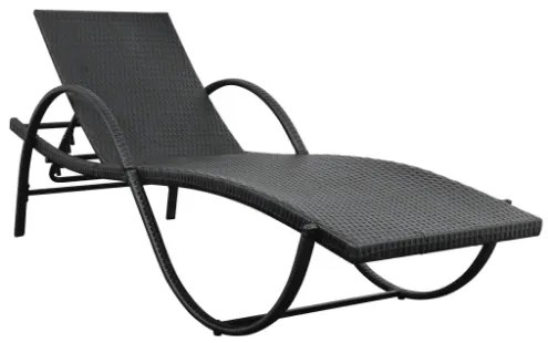 Lettino Prendisole con Cuscino e Tavolo in Polyrattan Nero