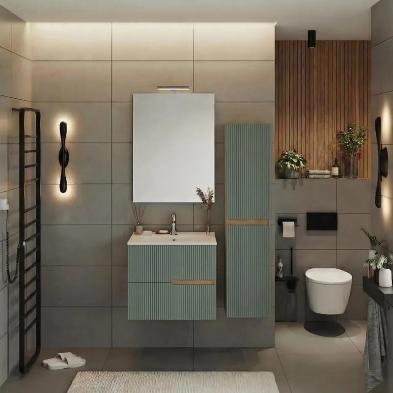 Mobile bagno Eva 60 cm, completo di lavabo in ceramica e specchio a filo con Led, 2 cassetti rovere naturale e verde salvia cannettato.
