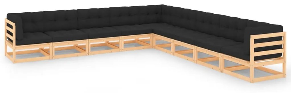 Set salotto giardino 9 pz cuscini antracite legno massello pino