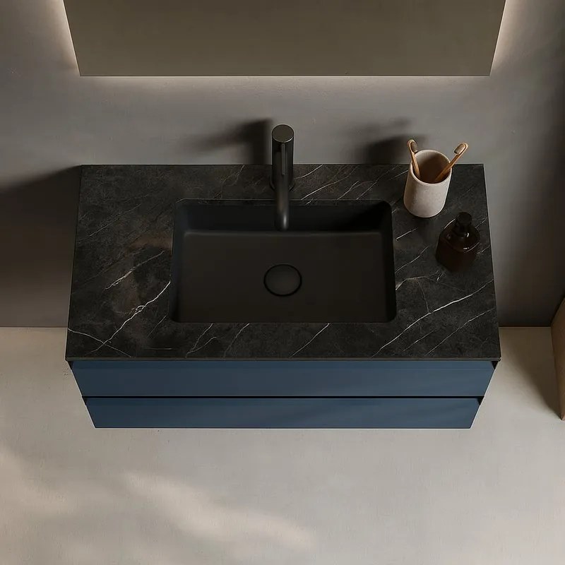 Mobile da bagno sospeso sotto lavabo L 99.5 x H 40 x P 45.5 cm blu laccato opaco, 2 cassetti Fusion