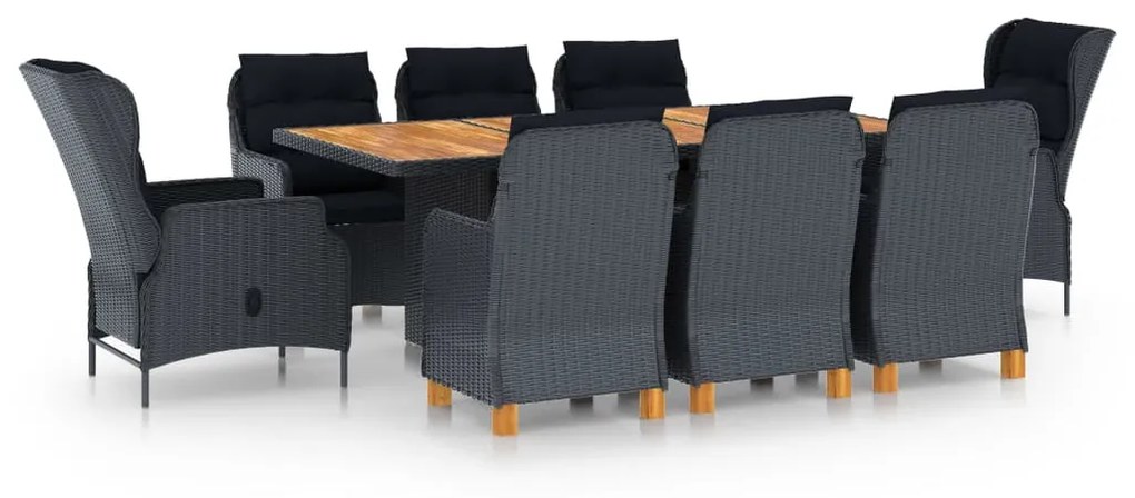 Set pranzo da giardino 9 pz con cuscini polyrattan grigio scuro