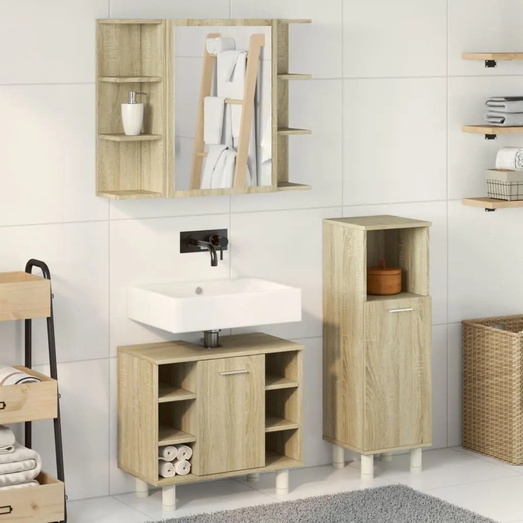 Set mobili da bagno 3 pz rovere sonoma in legno multistrato