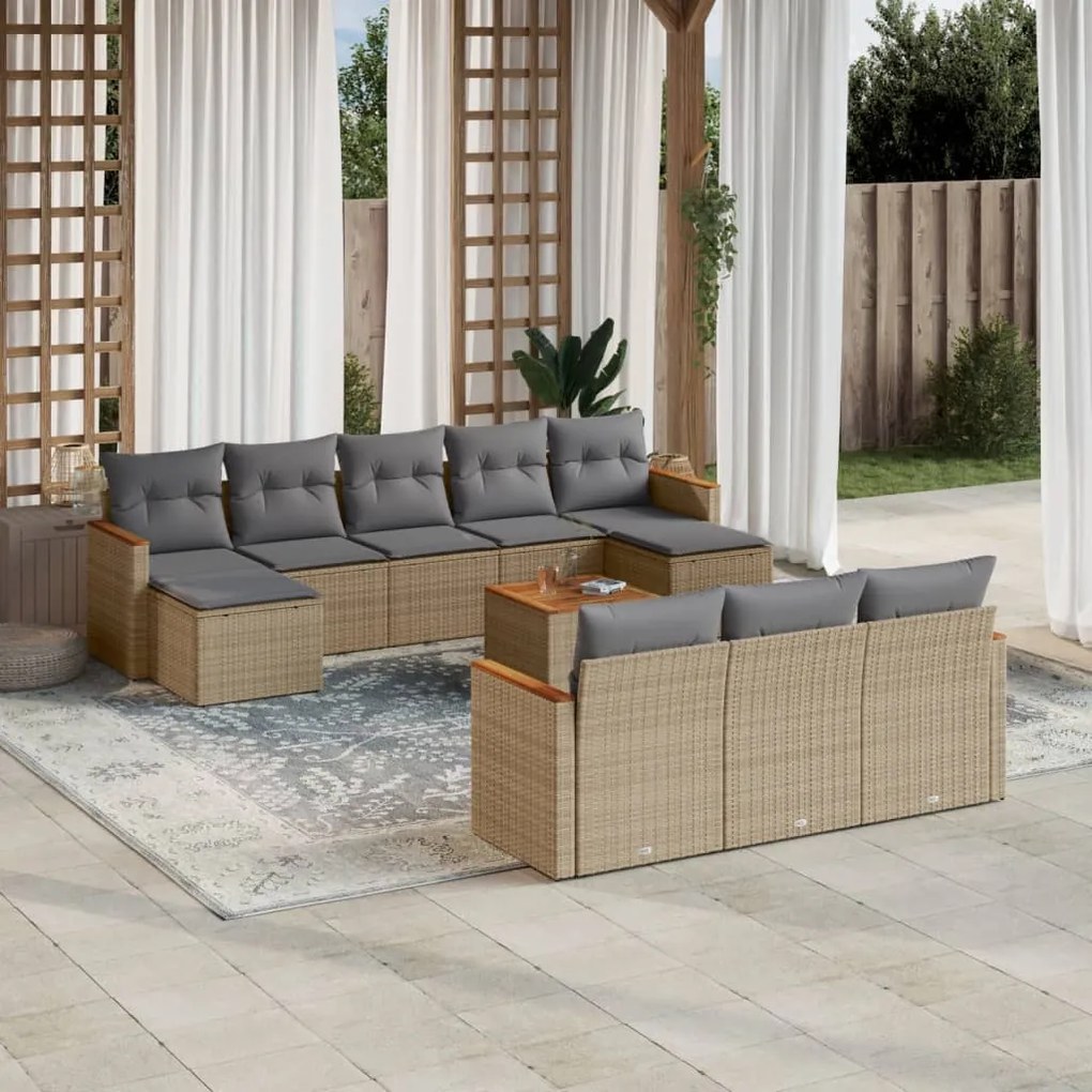 Set divani da giardino 11 pz con cuscini beige in polyrattan