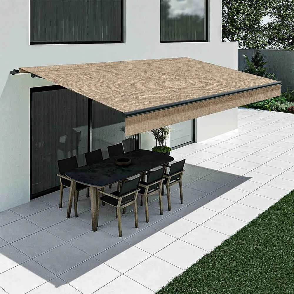 Tenda da sole beige con mantovana dritta, modello Basic senza cassonetto, 2400 x 1500 mm, con manovella, configurazione individuale