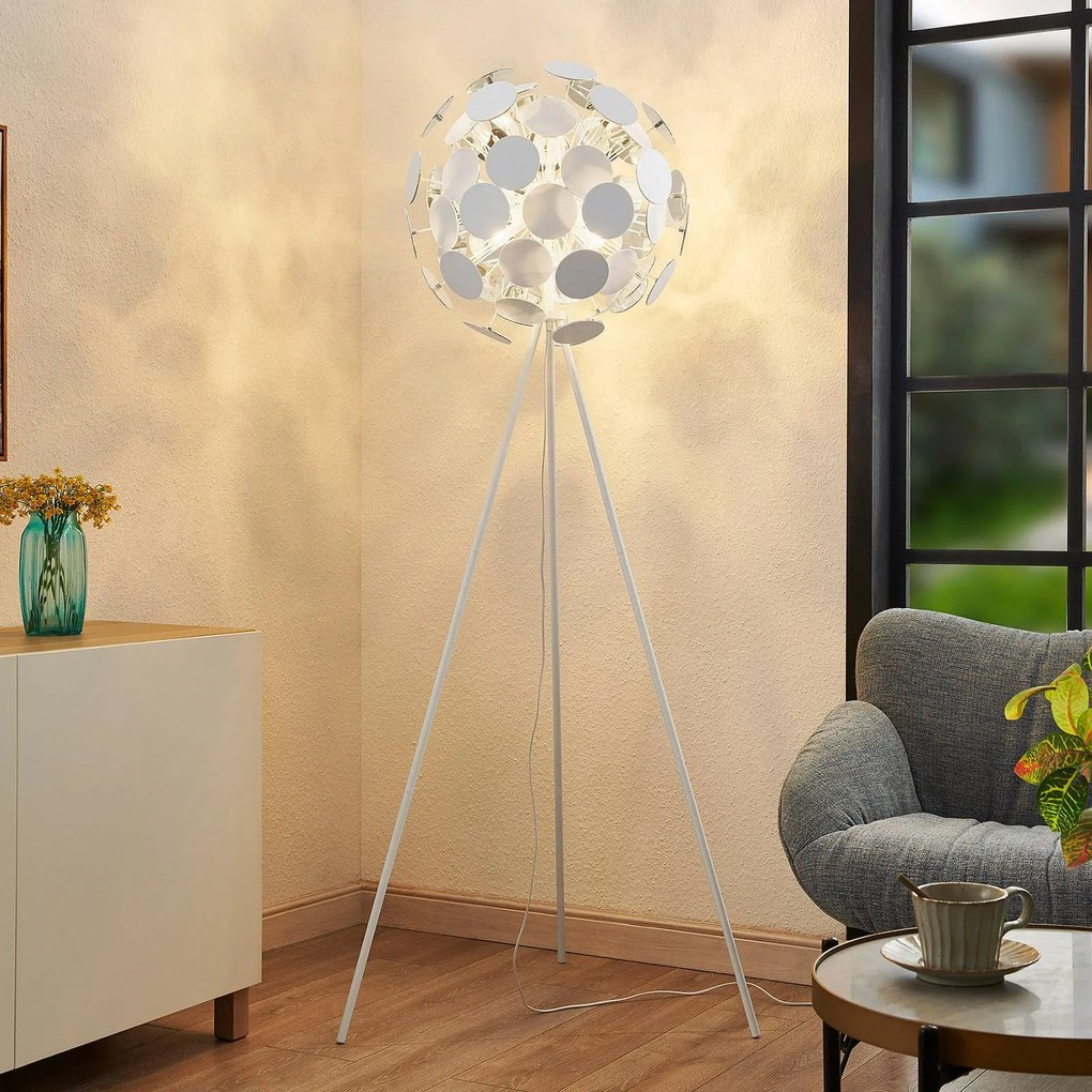 Lampada da terra Lindby Dotani con paralume a sfera, bianco