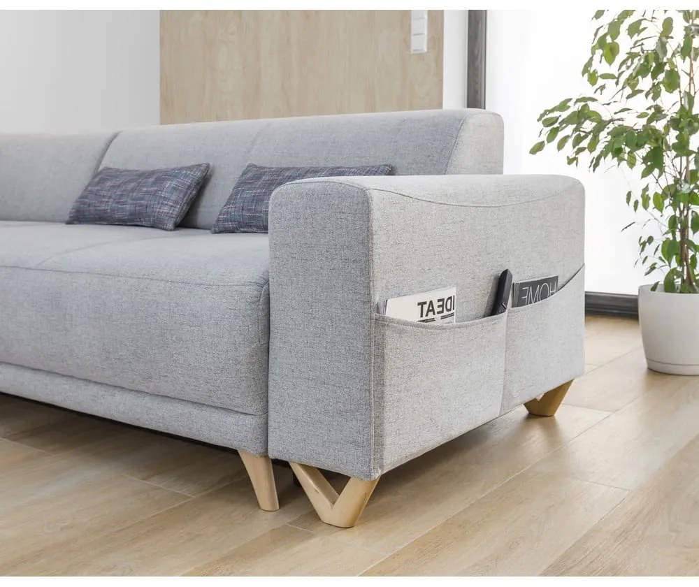 Divano angolare grigio chiaro allungabile e con contenitore (con penisola a sinistra/a L) Classy Sophie – Miuform