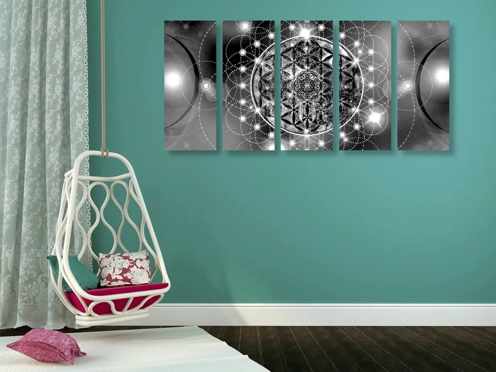 Quadri 5 pezzi – Mandala affascinante in bianco e nero