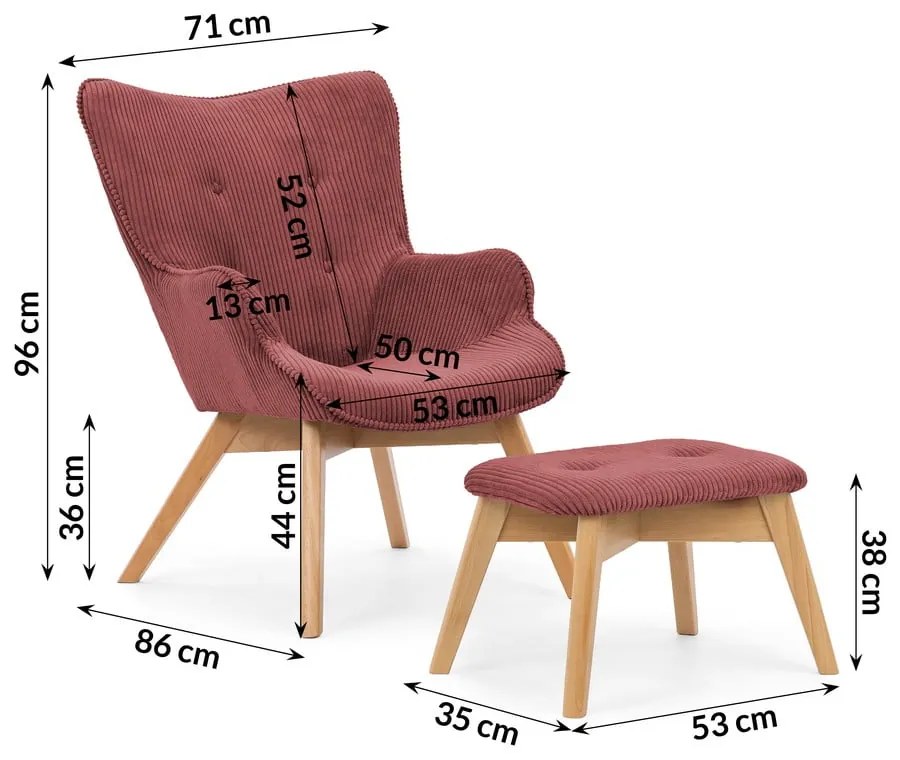 Poltrona con poggiapiedi rossa con rivestimento in velluto a coste Niko – Ropez