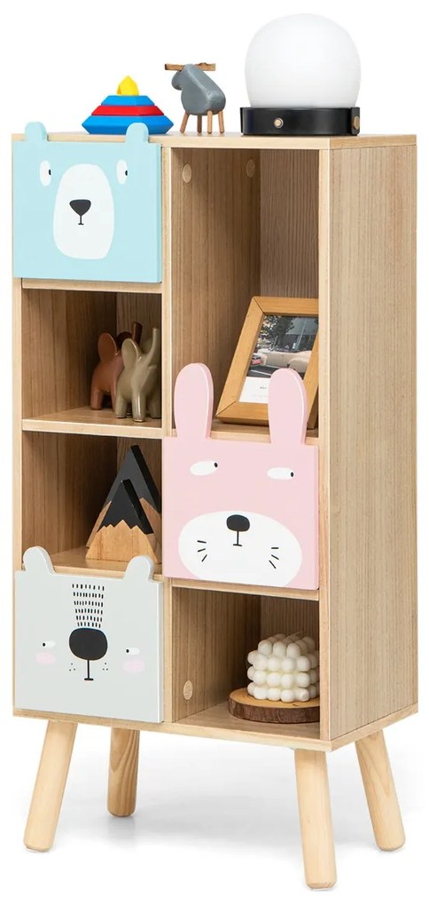 Costway Libreria per bambini con 3 cassetti scomparti aperti per giocattoli libri, Mobile portagiochi 40x25x83cm Naturale