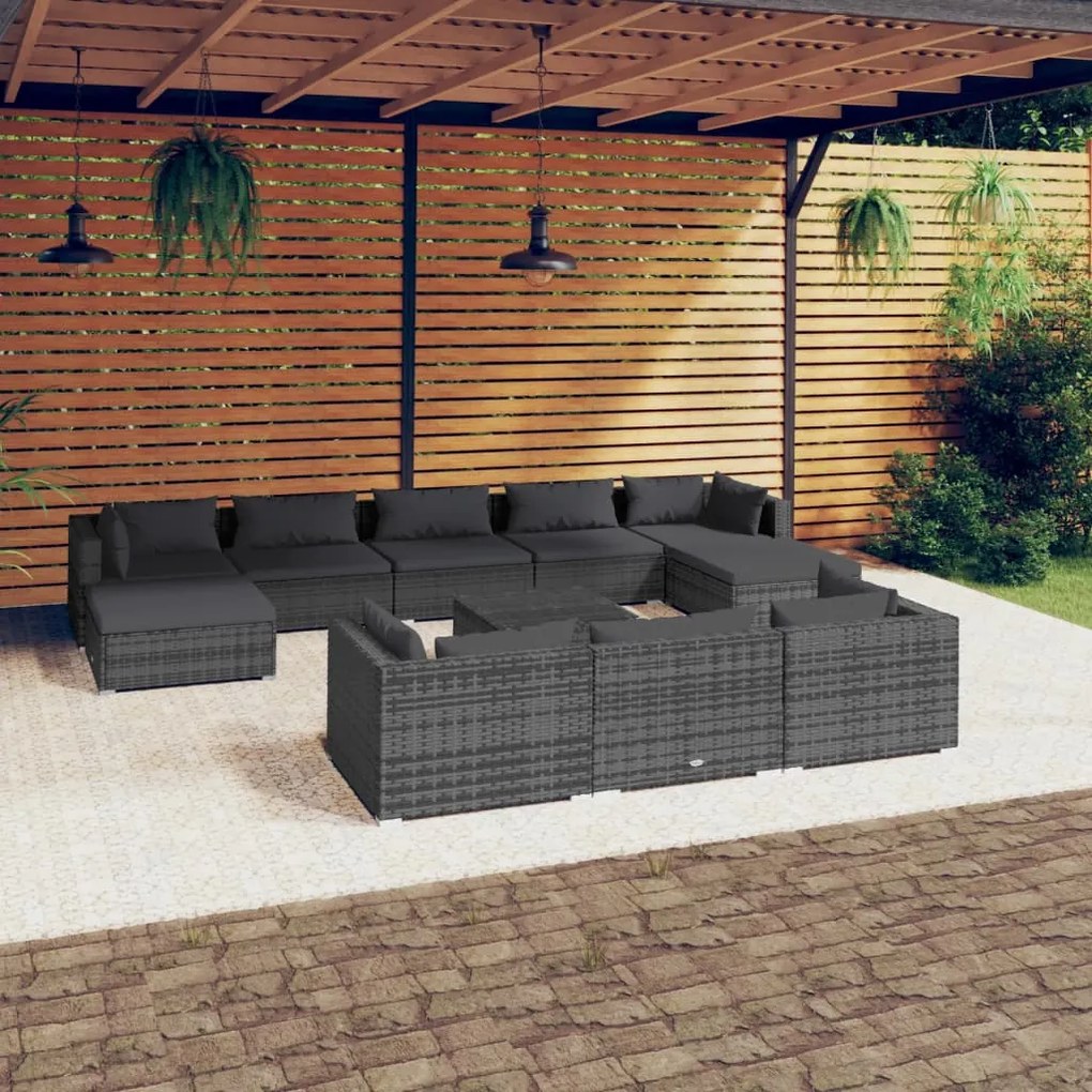 Set Divani da Giardino 11 pz con Cuscini in Polyrattan Grigio