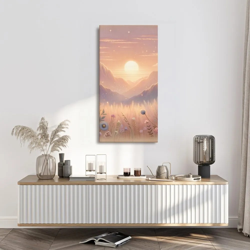Quadro su tela – Montagne, fiori e sole al tramonto