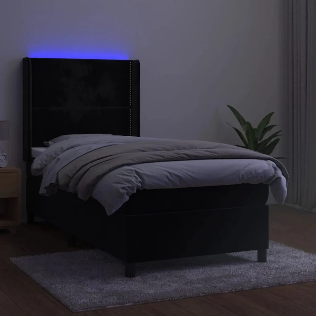 Letto a molle con materasso e led nero 80x200 cm in velluto