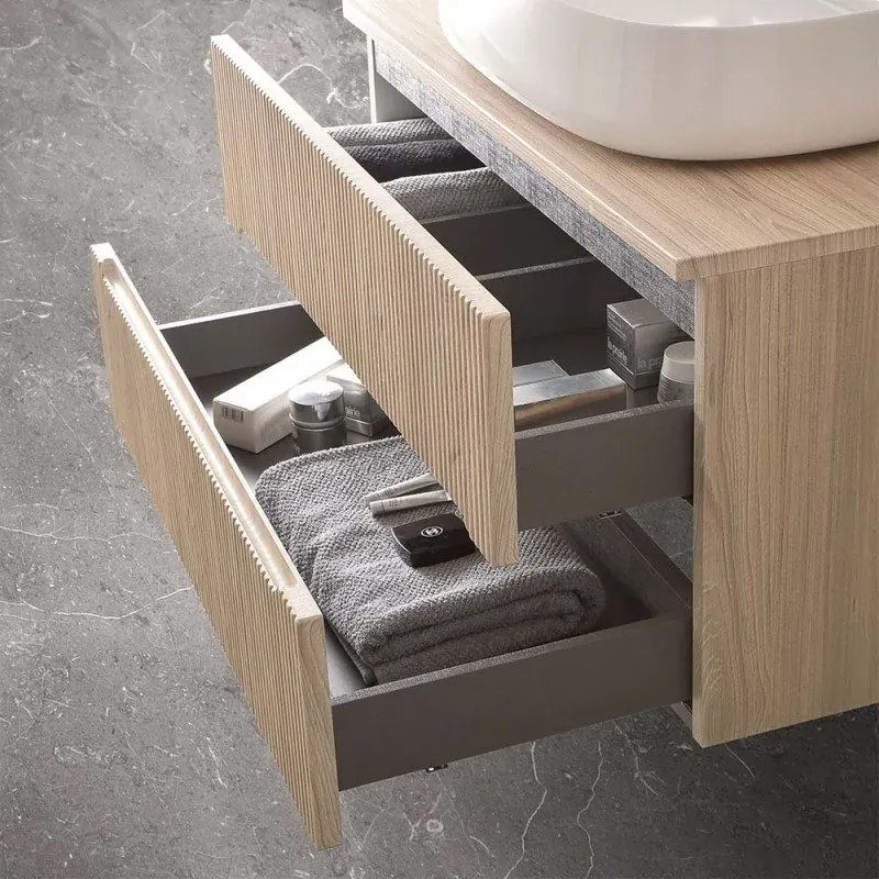 Mobile bagno sospeso cannettato 70 cm rovere chiaro con top e specchio Bali