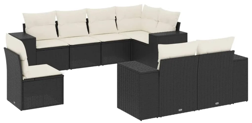 Set divani da giardino con cuscini 8 pz nero in polyrattan