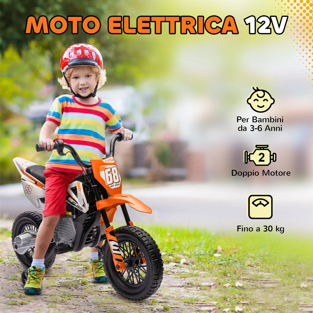 Moto Elettrica per Bambini 3-6 Anni 107x56x70 cm Batteria 12V e Rotelle Rimovibili Arancione...