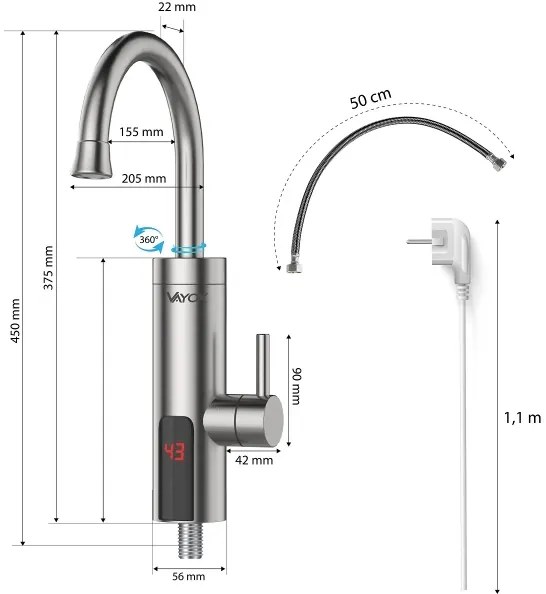 Scaldabagno istantaneo con LED display 3000W/230V IPX4 acciaio inossidabile