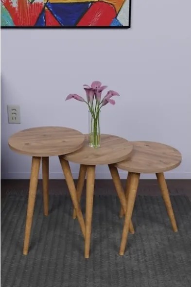 Set 3 Tavolini Decorativi Da Salotto Gambe Legno Aphrodite Rovere
