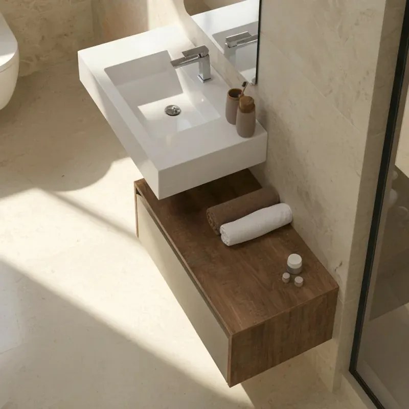 Mobile bagno sospeso 80 cm tortora e tabacco con lavabo sospeso e specchio – Numa