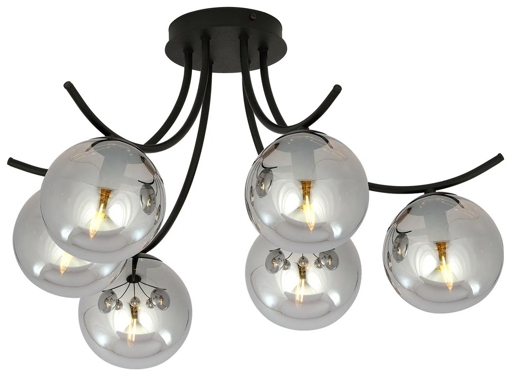 Plafoniera Moderna 6 Luci Coeo In Acciaio Nero E Diffusori In Vetro Fumè