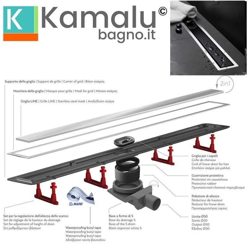 Kamalu - canaletta per doccia a pavimento 30cm con coperchio in vetro nero cn-300