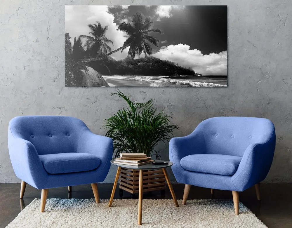 Quadro su tela – Spiaggia stupenda sull'isola delle Seychelles in bianco e nero