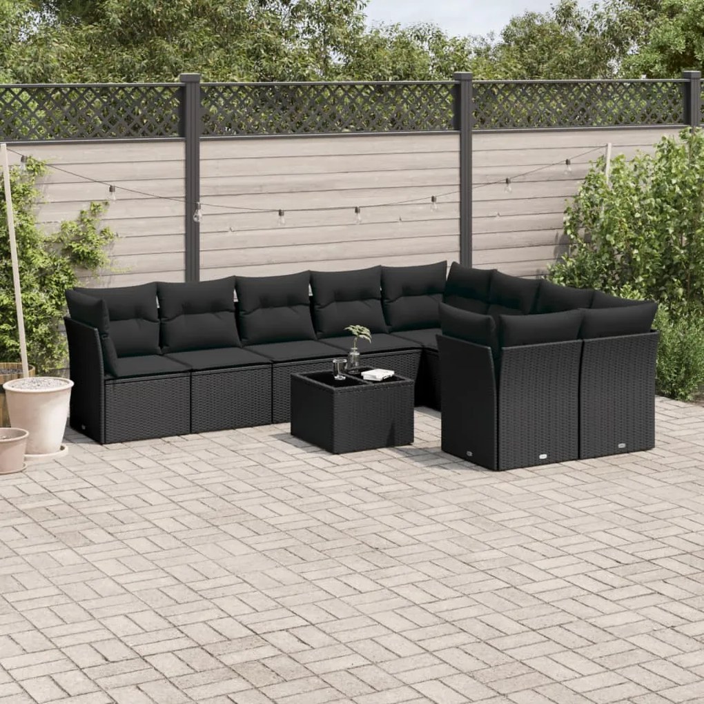 Set divani da giardino 10pz con cuscini in polyrattan nero