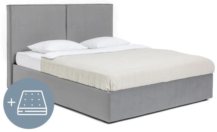 Letto matrimoniale imbottito grigio con contenitore, materasso e rete inclusi 160x200 cm Thessa Bold – Bonami Selection