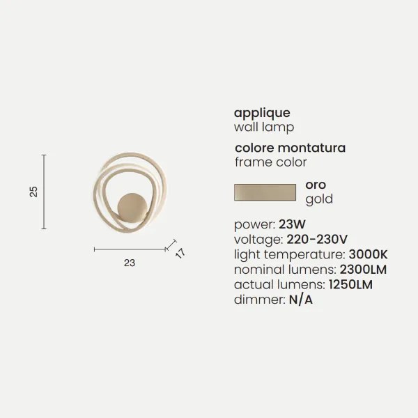 Lampada applique 23x17 cm GOLDEN in metallo verniciato Oro a LED