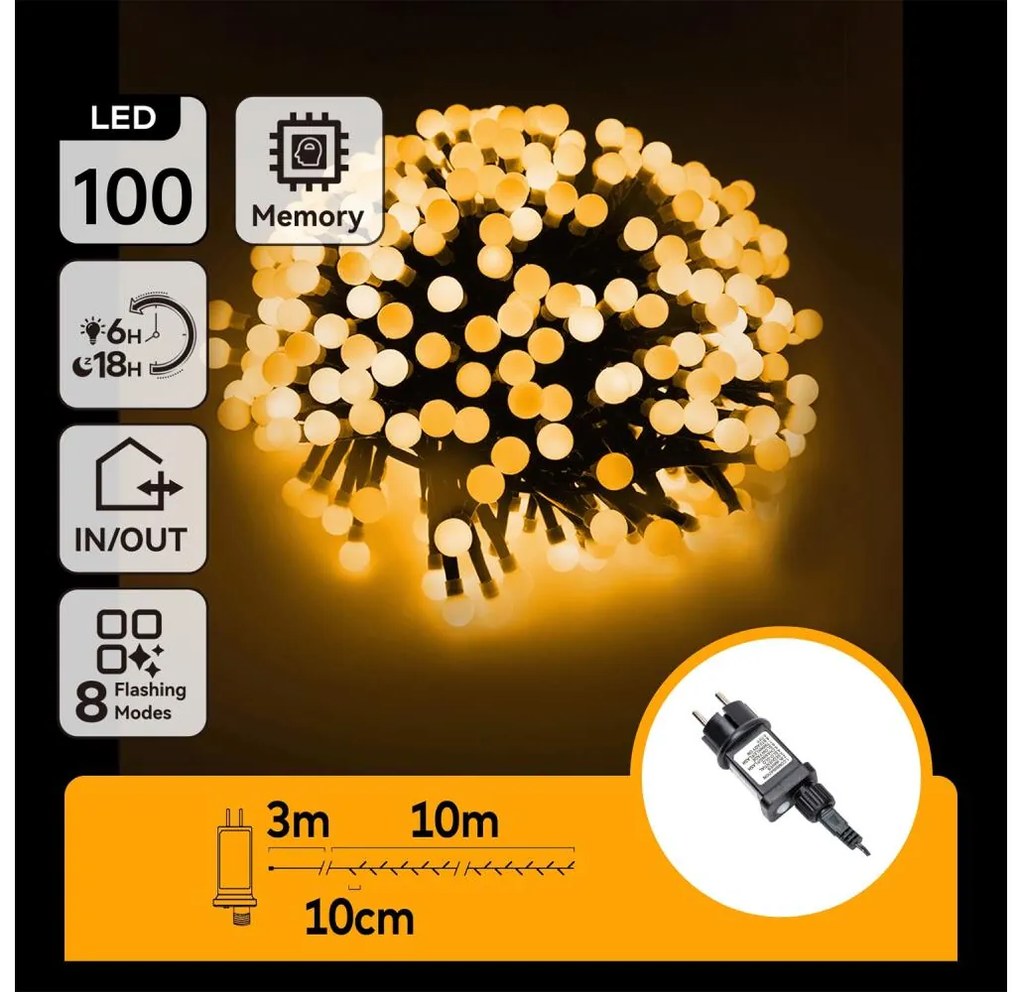 Aigostar - Catena luminosa LED decorativa per esterni 100xLED/3,6W/230V/8 funzioni 10m IP44 Bianco caldo
