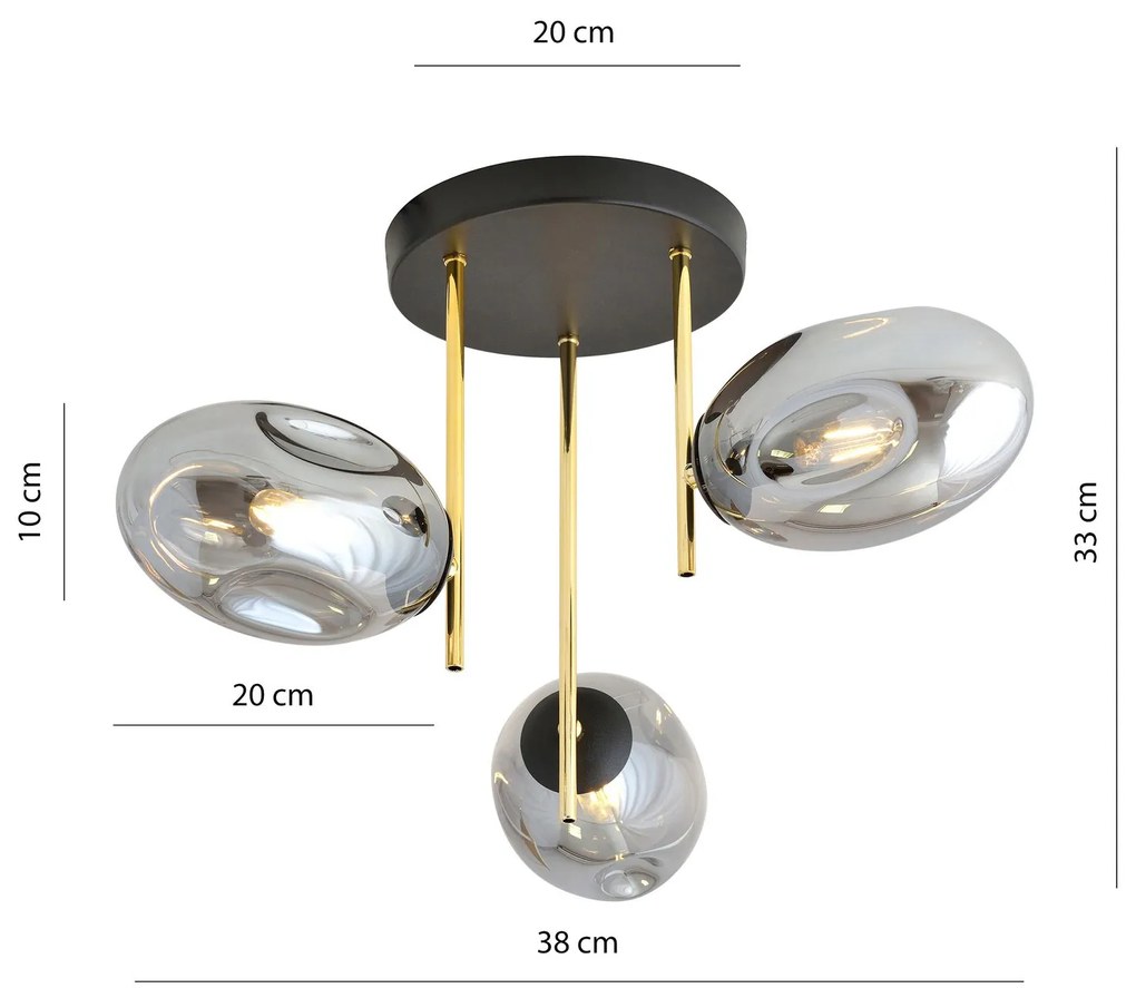 Plafoniera Contemporanea Argo 3 Luci In Acciaio Nero Oro E Diffusori Vetro Fumè