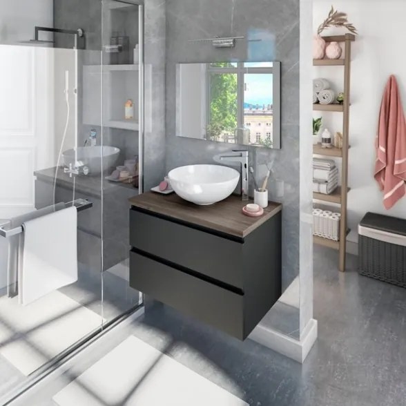 Mobile Da Bagno Sospeso 80 Cm 2 Cassetti Con Lavabo Da Appoggio Tokyo Antracite