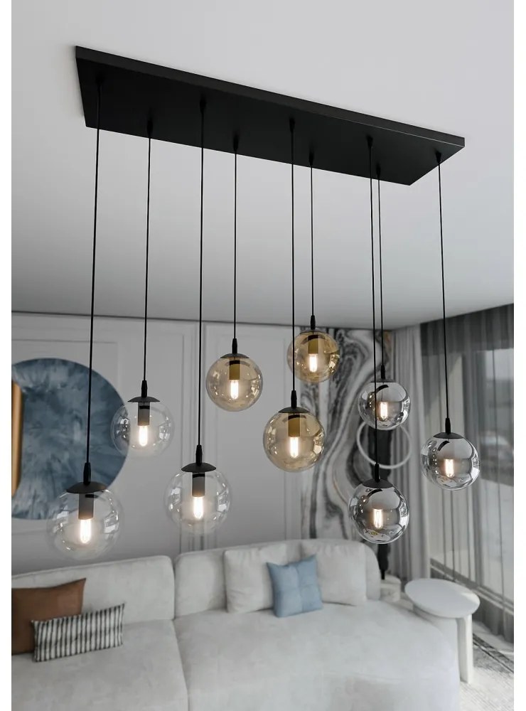 Lampadario a Sospensione in Acciaio e Vetro COSMO 9 Nero 9xE14 Colore delle Sfere Grafite, Trasparente, Ambrata