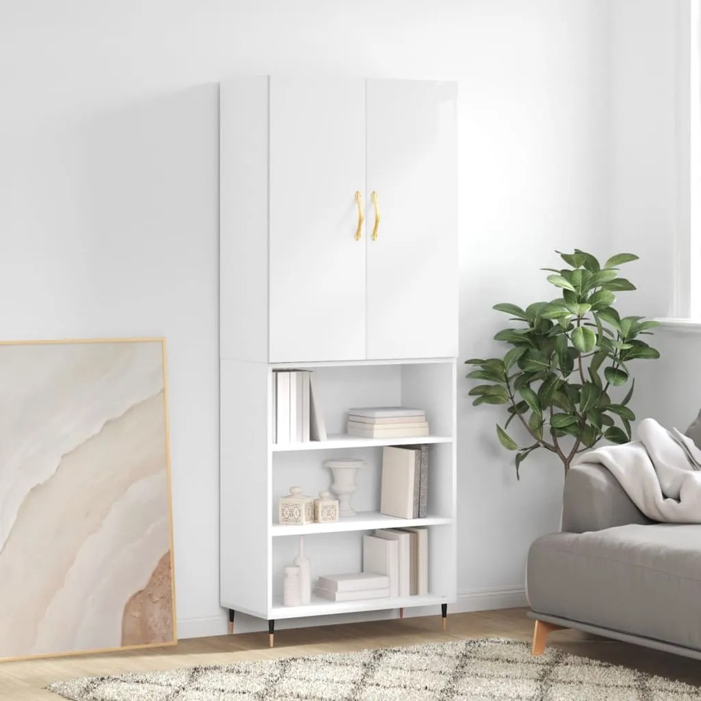 Credenza Bianco Lucido 69,5x34x180 cm in Legno Multistrato