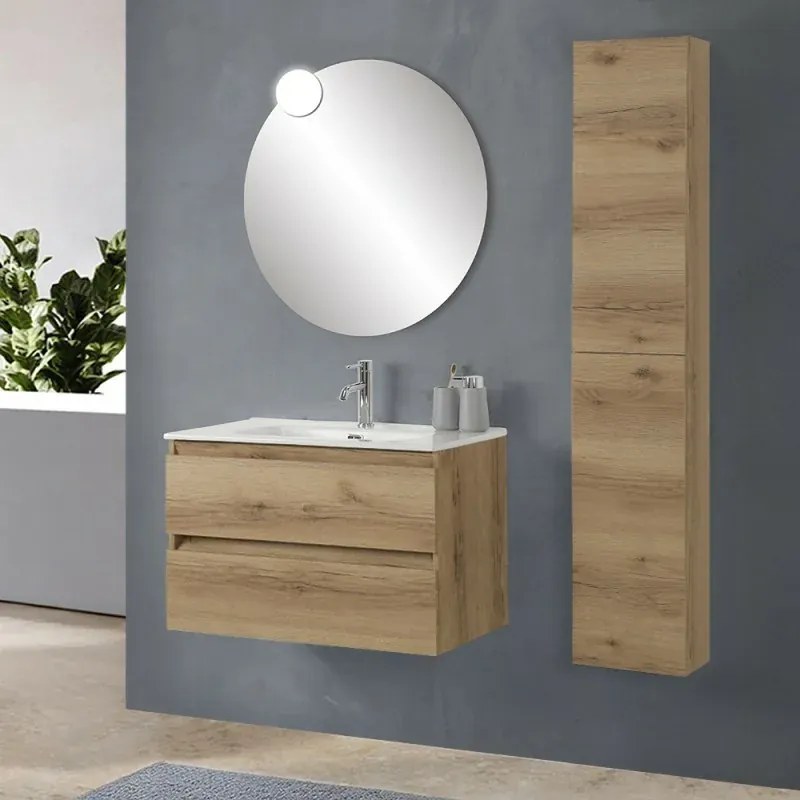 Mobile bagno sospeso 80 cm in legno quercia naturale 2 cassettoni con lavabo e specchio Leda