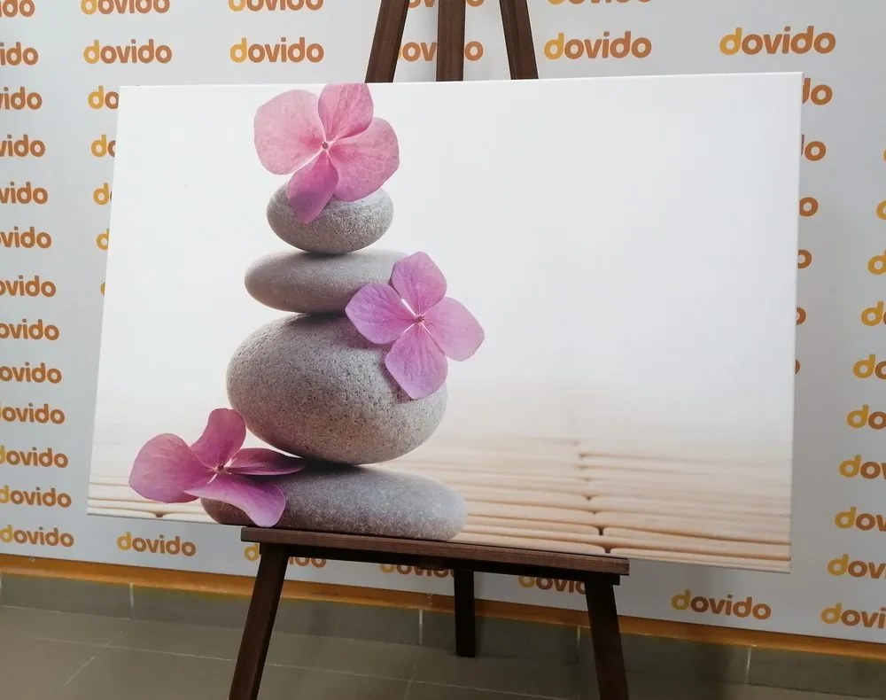 Quadro su tela – Equilibrio di pietre e fiori orientali rosa