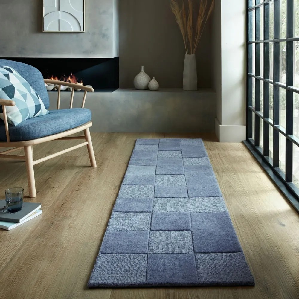 Passatoia in lana blu scuro tessuta a mano 60x230 cm Checkerboard - Flair Rugs